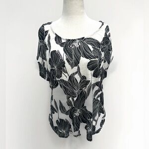 Tahari 100% Linen Top Women L Black White Floral Crop Boxy Short Sleeve Resort